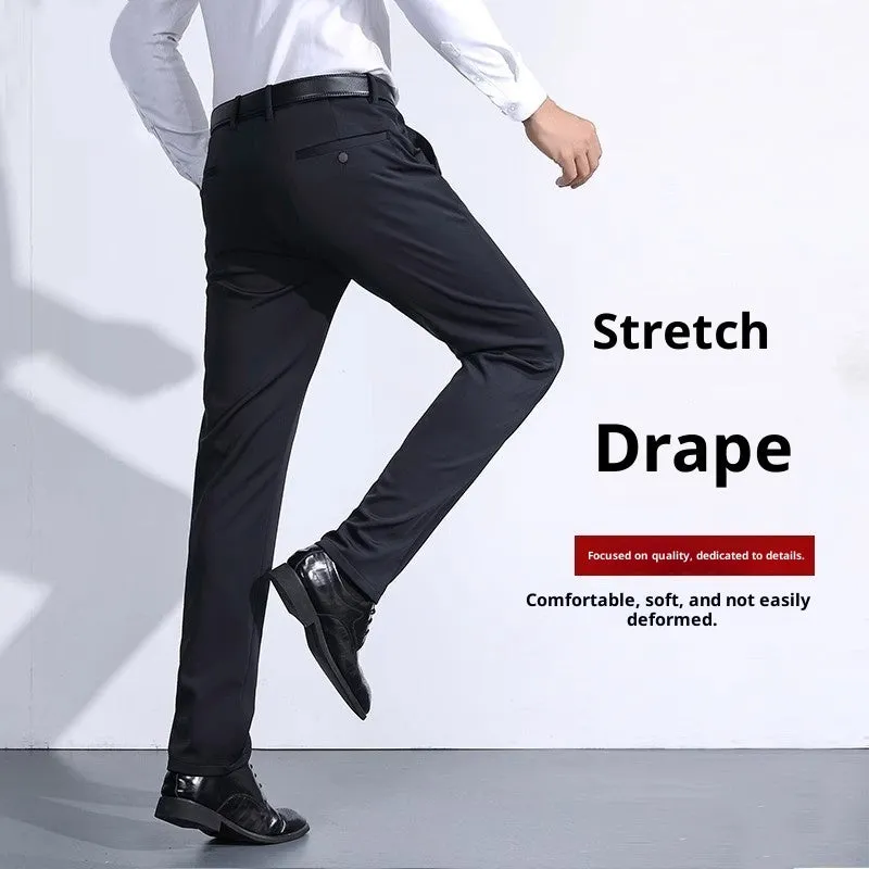 Men's black slim straight formal trousers made from polyester with micro-elastic waist, available in multiple colours and sizes 29-42