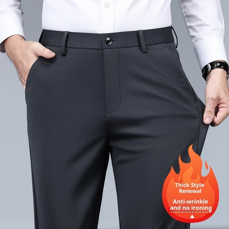 Men's black slim straight formal trousers made from polyester with micro-elastic waist, available in multiple colours and sizes 29-42