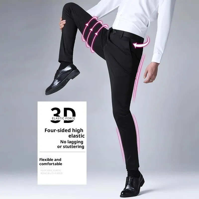 Men's black slim straight formal trousers made from polyester with micro-elastic waist, available in multiple colours and sizes 29-42
