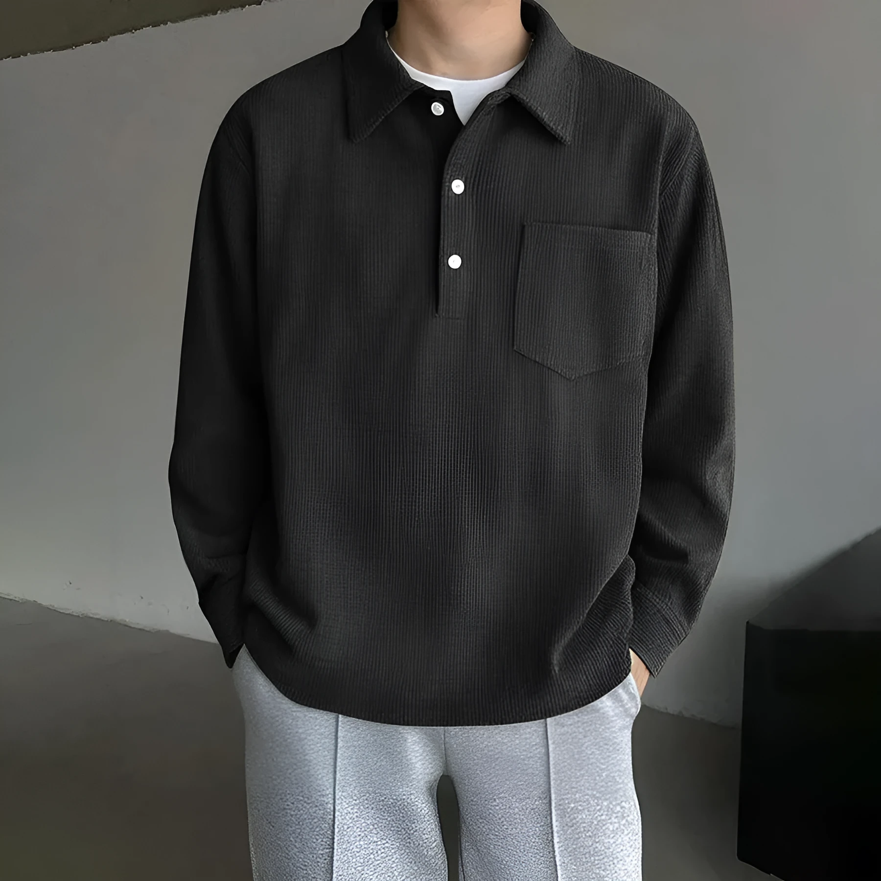 Men's American retro casual polyester pullover shirt in black, loose fit, size options S-XXL