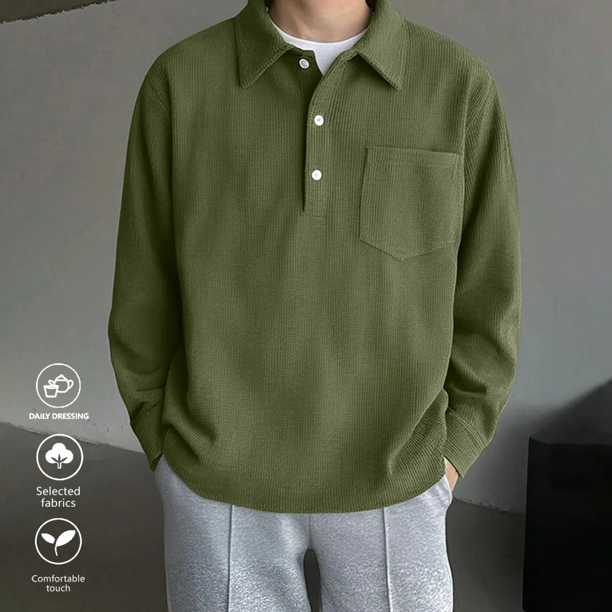 Men's American retro casual polyester pullover shirt in black, loose fit, size options S-XXL