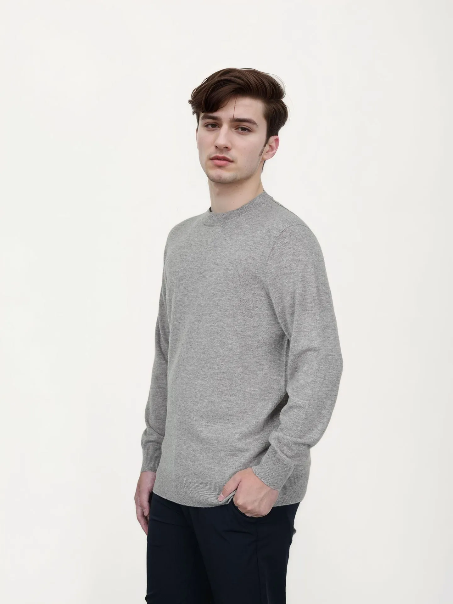 Men's regular-fit wool pullover sweater shown in light grey colour.