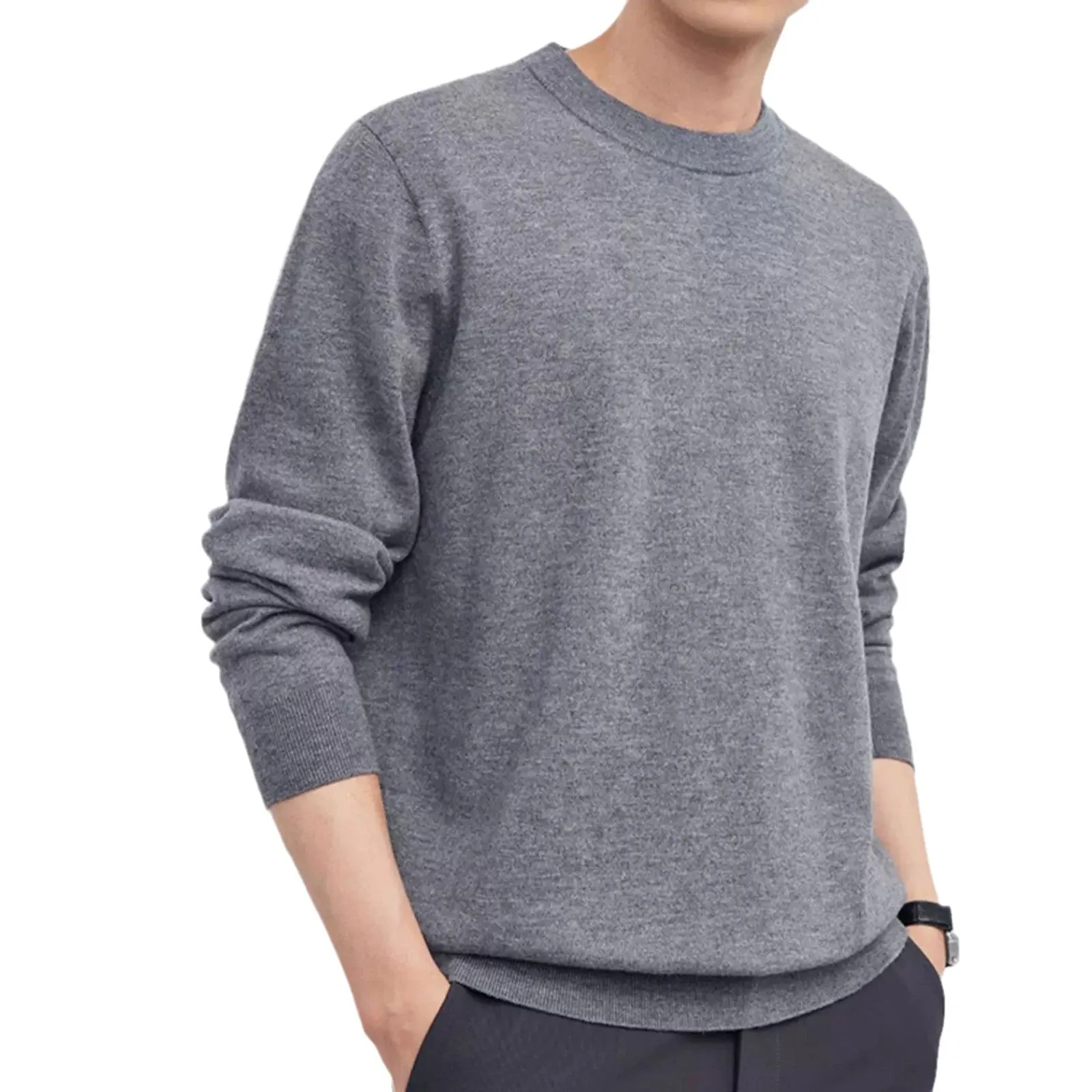 Men's regular-fit wool pullover sweater shown in light grey colour.