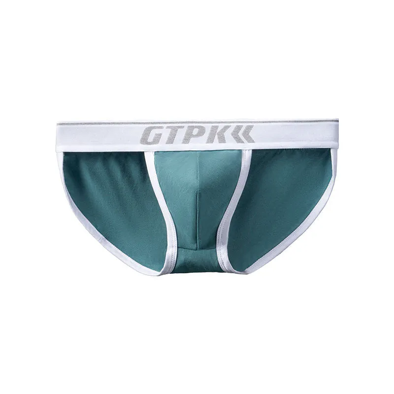 Men's low waist cotton high fork briefs in solid colour, front view, showing leg cut and waistband