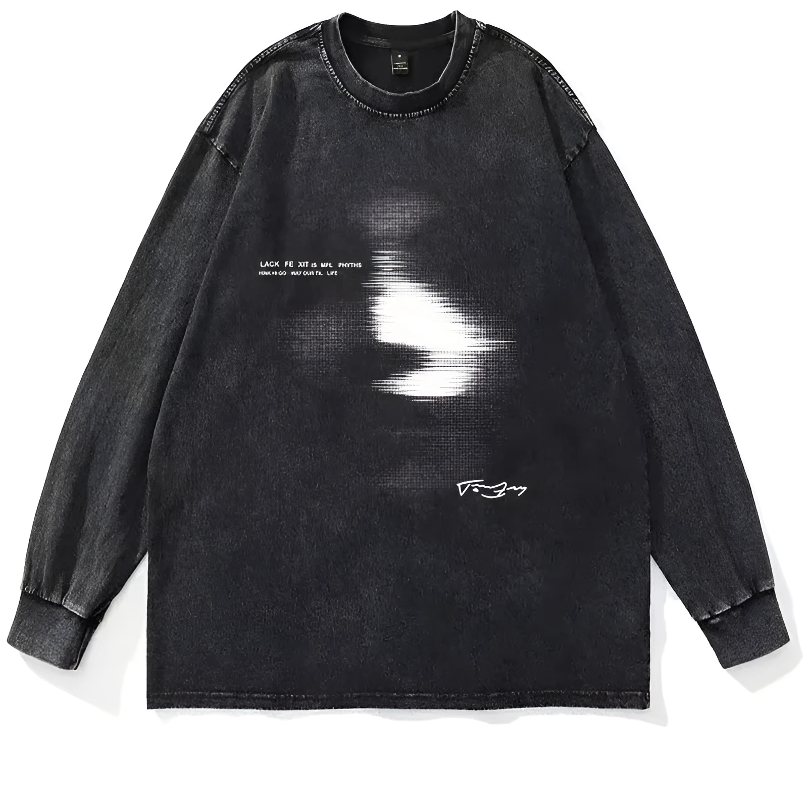American style distressed 230g heavy cotton long sleeve t-shirt for men, loose fit drop-shoulder pullover in black