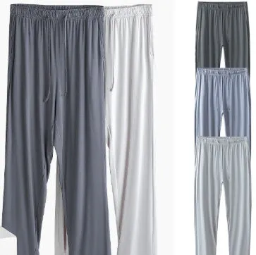 Modal men's casual sleeping pants in gray blue, full length, on a plain background