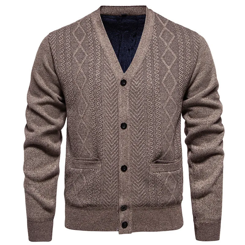 Men's striped long-sleeve cardigan sweater in brown, shown on a hanger.