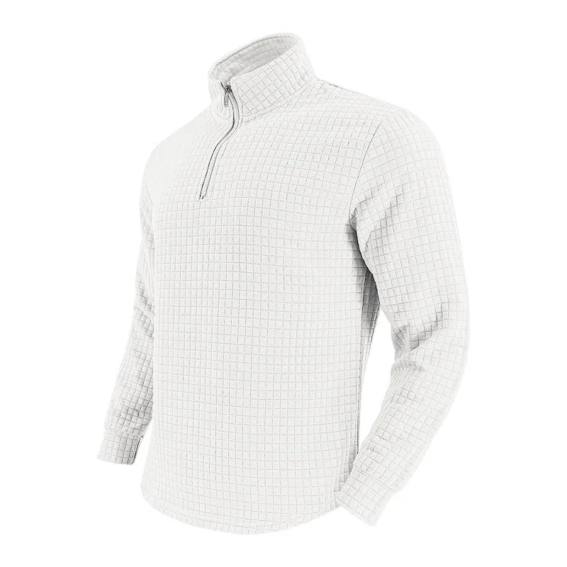 Half zipper small plaid casual stand collar long sleeve sweater in army green on white background