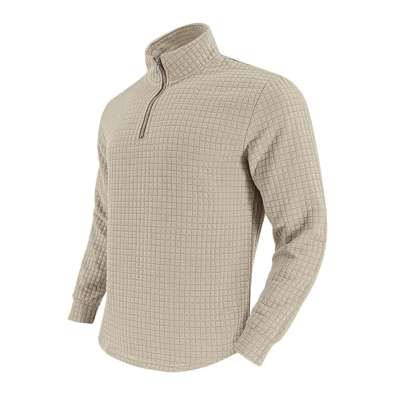 Half zipper small plaid casual stand collar long sleeve sweater in army green on white background