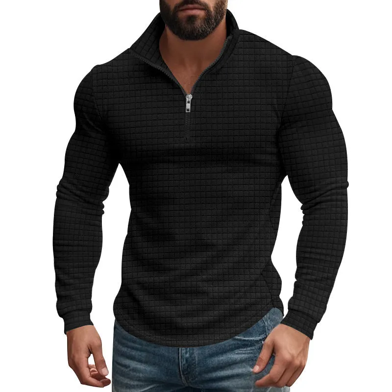 Half zipper small plaid casual stand collar long sleeve sweater in army green on white background