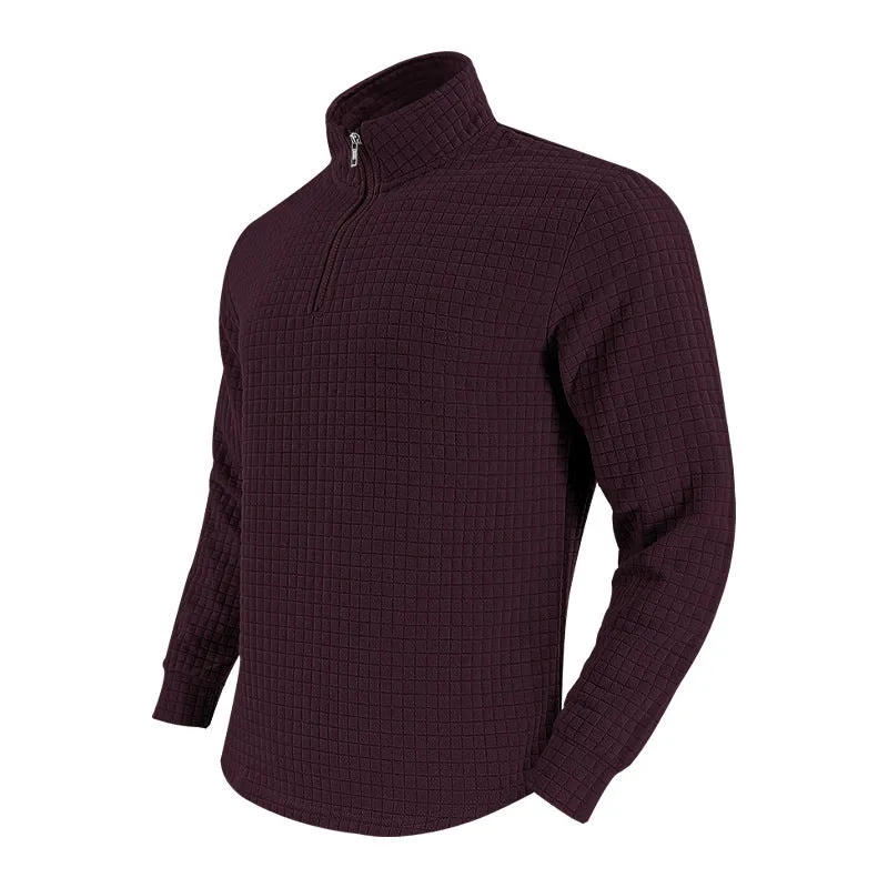 Half zipper small plaid casual stand collar long sleeve sweater in army green on white background