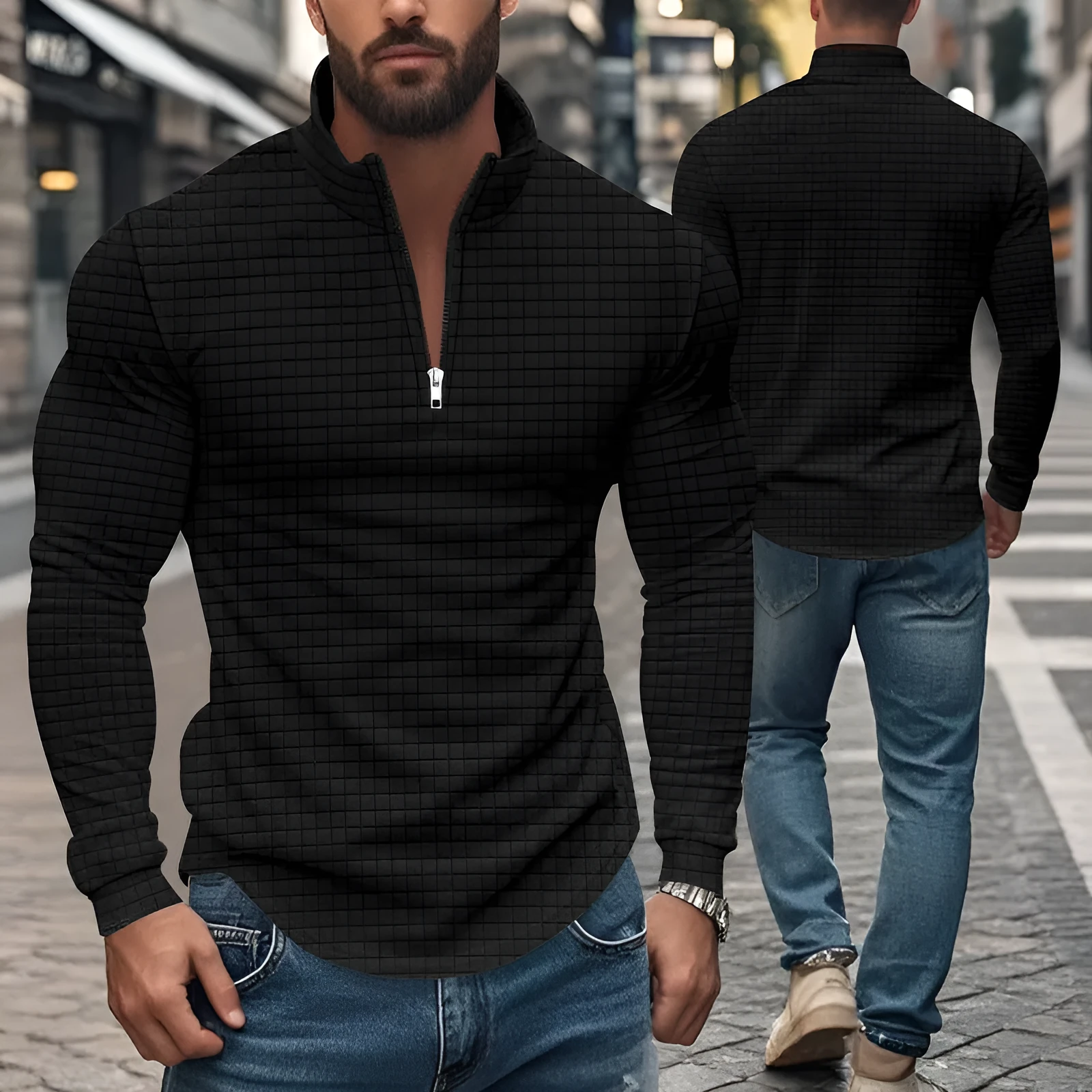 Half zipper small plaid casual stand collar long sleeve sweater in army green on white background