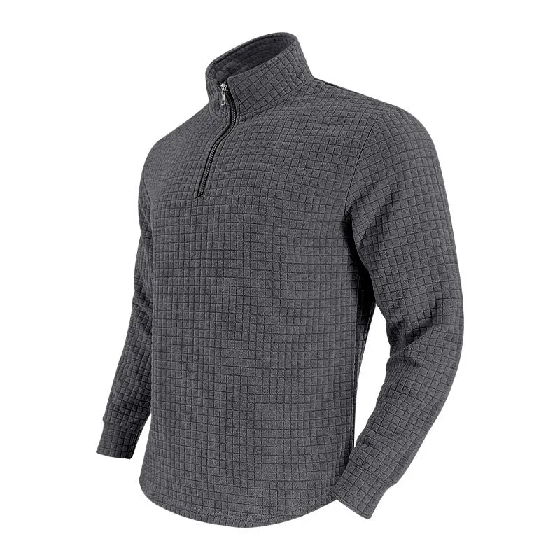 Half zipper small plaid casual stand collar long sleeve sweater in army green on white background