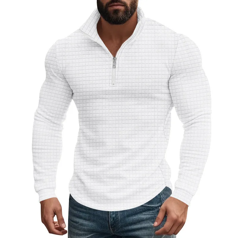 Half zipper small plaid casual stand collar long sleeve sweater in army green on white background