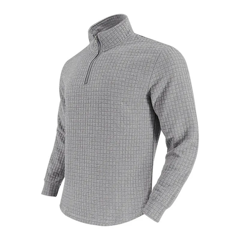 Half zipper small plaid casual stand collar long sleeve sweater in army green on white background