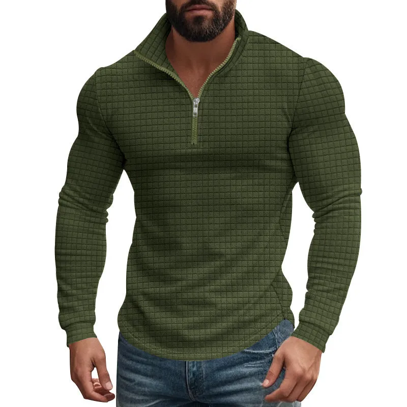 Half zipper small plaid casual stand collar long sleeve sweater in army green on white background