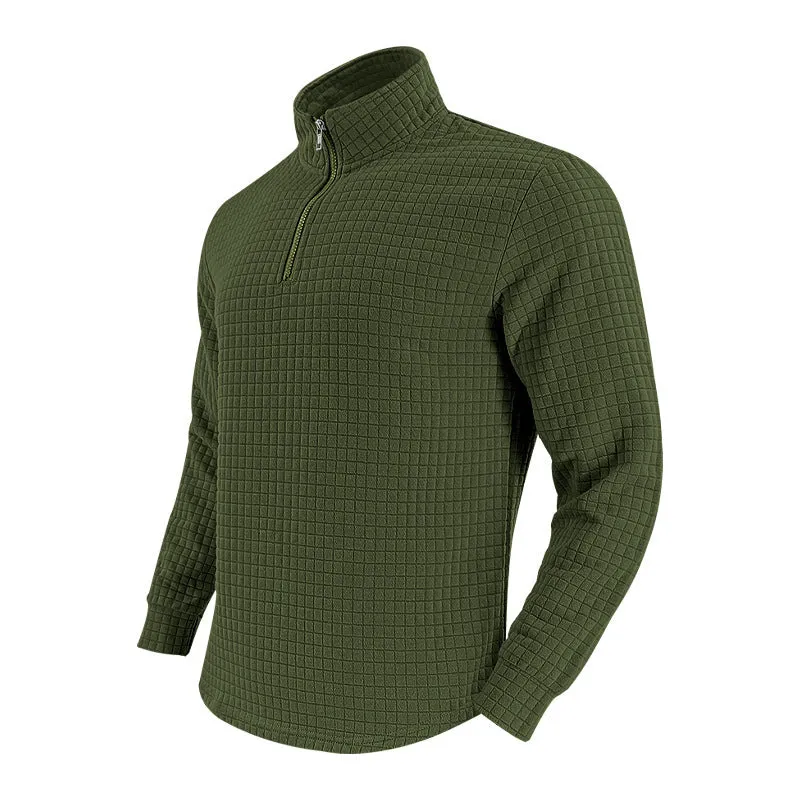 Half zipper small plaid casual stand collar long sleeve sweater in army green on white background
