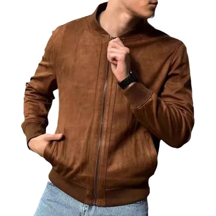 European and American leisure suede solid color coat, brown, polyester fibre, regular length