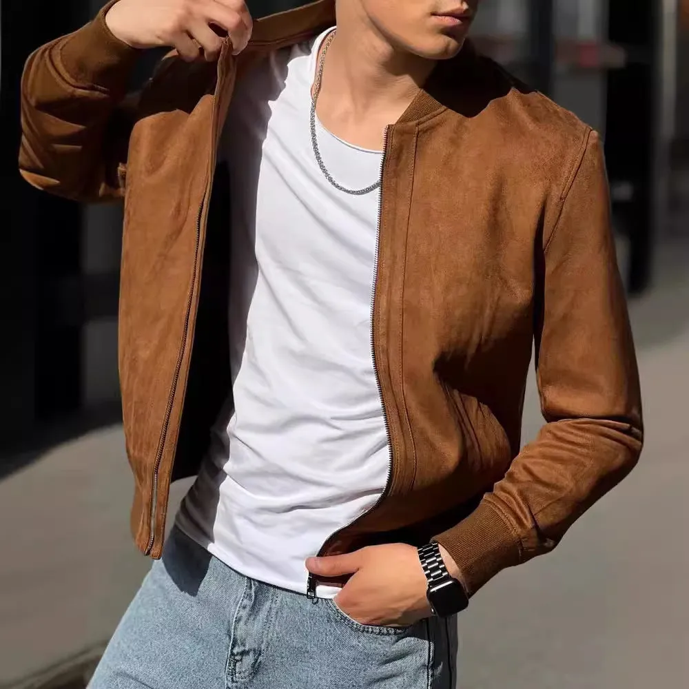 European and American leisure suede solid color coat, brown, polyester fibre, regular length
