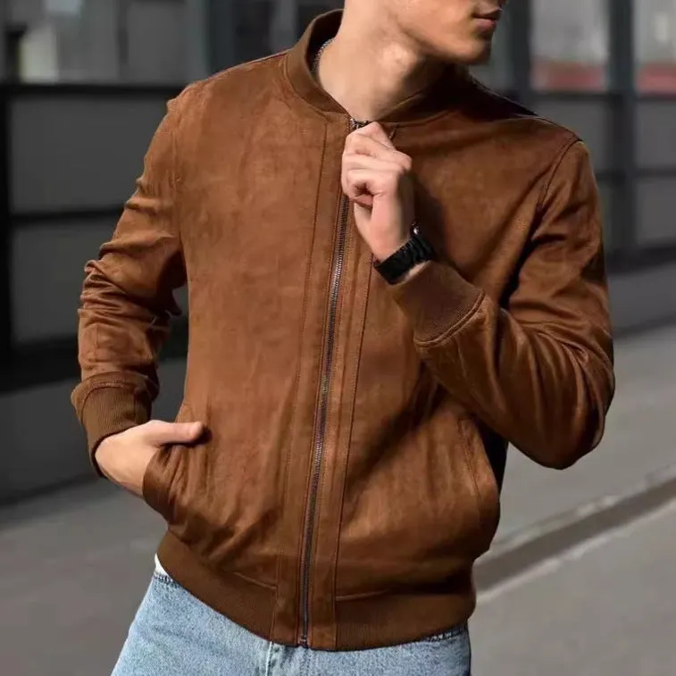 European and American leisure suede solid color coat, brown, polyester fibre, regular length