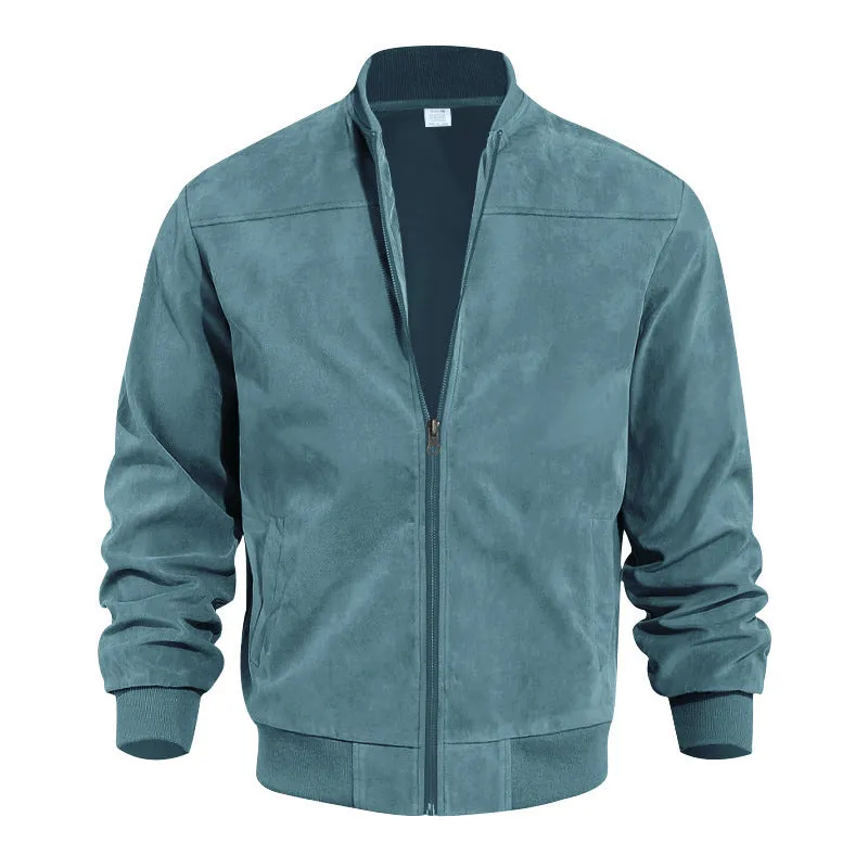 Men's casual retro long sleeve cardigan jacket in army green colour made from suede fabric with round hem