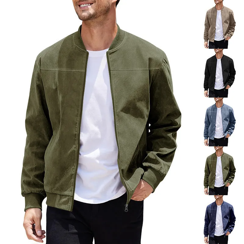 Men's casual retro long sleeve cardigan jacket in army green colour made from suede fabric with round hem