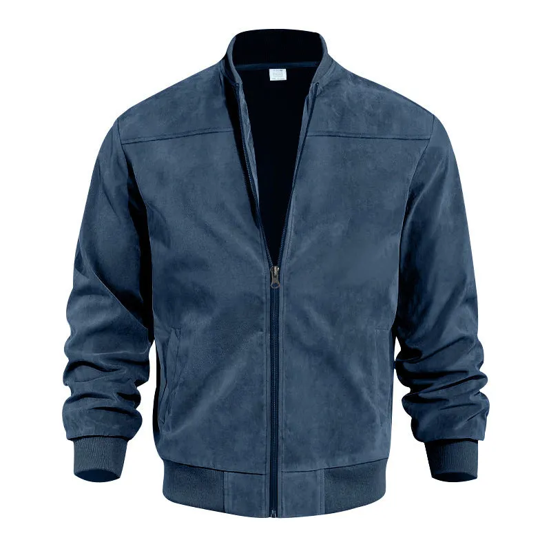 Men's casual retro long sleeve cardigan jacket in army green colour made from suede fabric with round hem