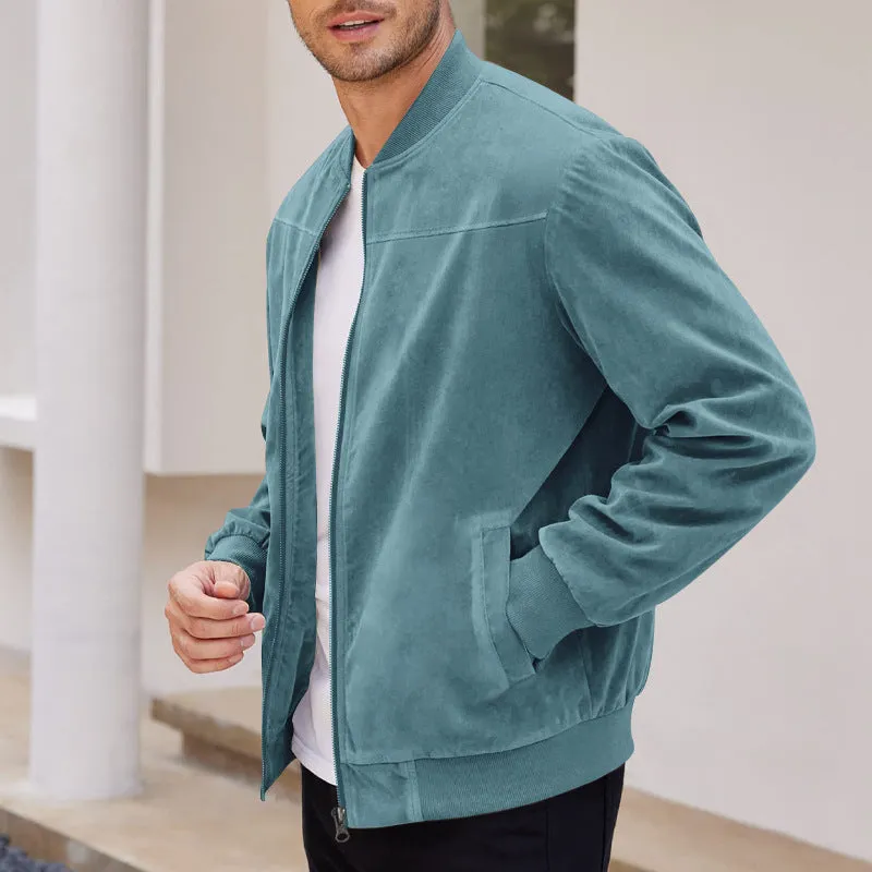 Men's casual retro long sleeve cardigan jacket in army green colour made from suede fabric with round hem