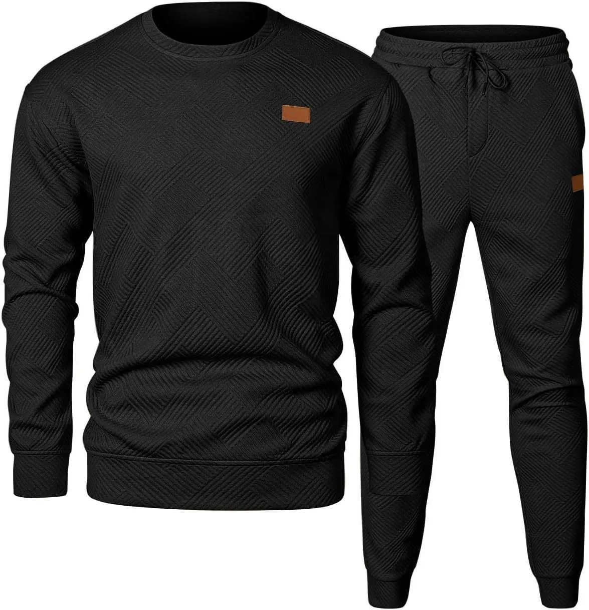 Men's round neck jacquard sweater set with long sleeve top and matching trousers in black