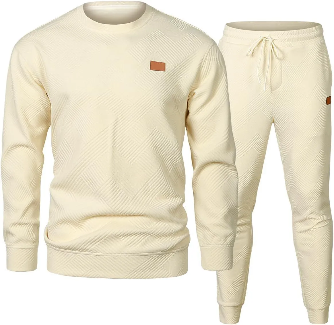 Men's round neck jacquard sweater set with long sleeve top and matching trousers in black