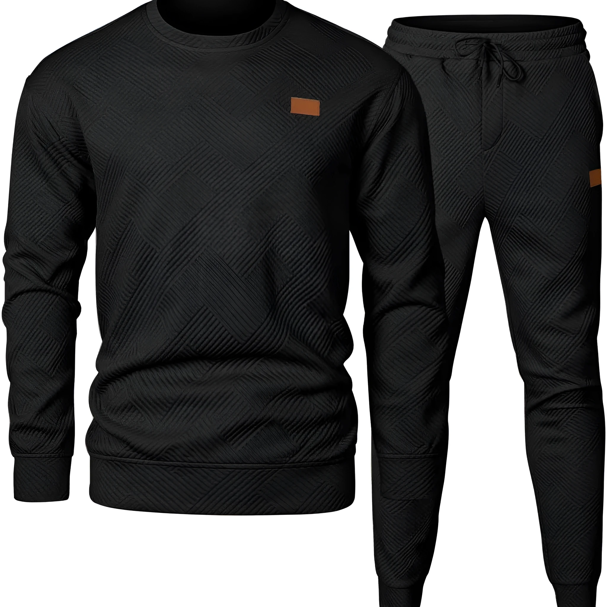 Men's round neck jacquard sweater set with long sleeve top and matching trousers in black