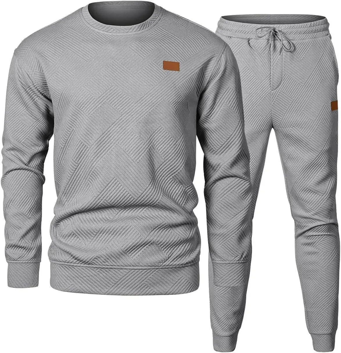 Men's round neck jacquard sweater set with long sleeve top and matching trousers in black
