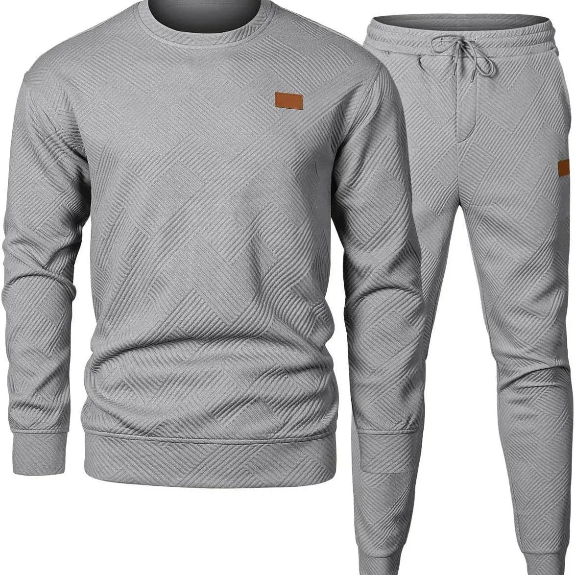 Men's round neck jacquard sweater set with long sleeve top and matching trousers in black