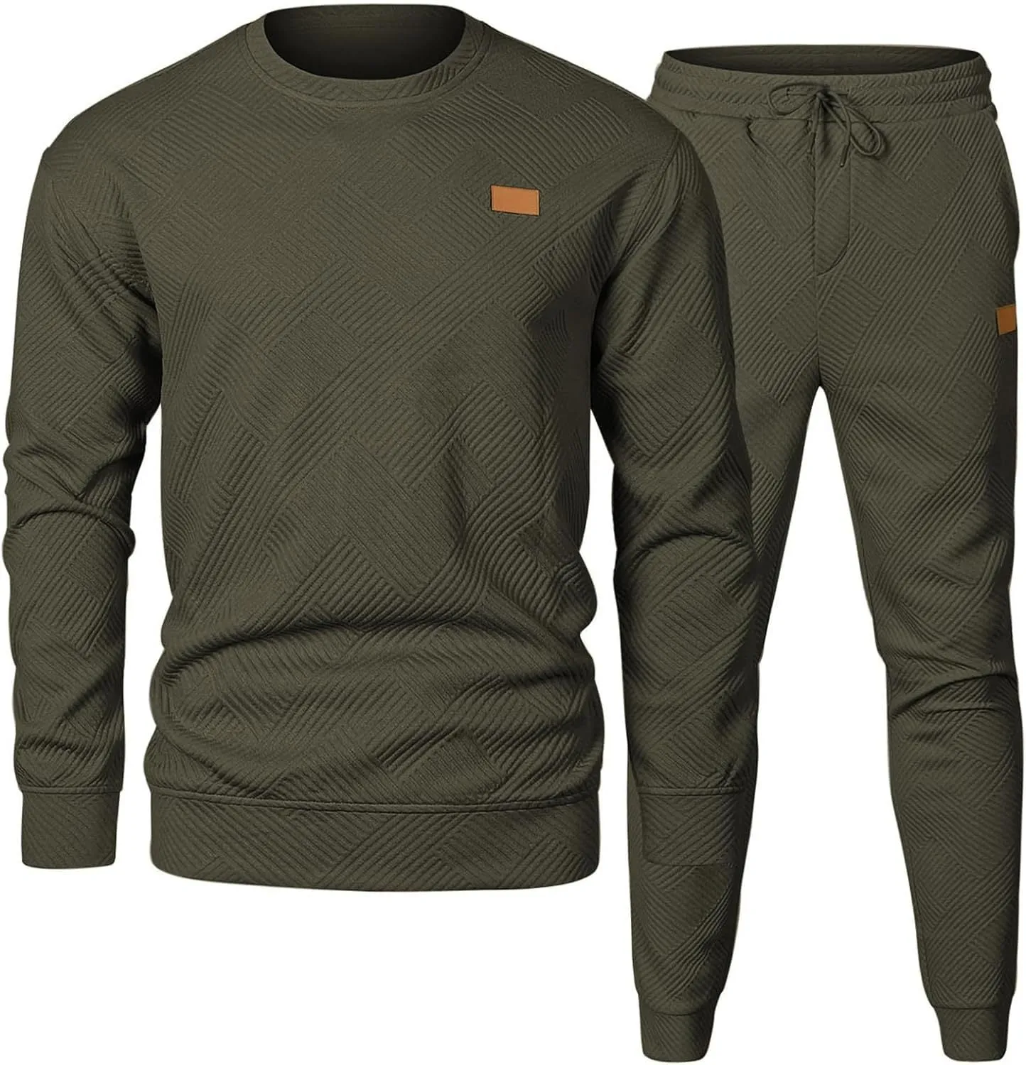 Men's round neck jacquard sweater set with long sleeve top and matching trousers in black