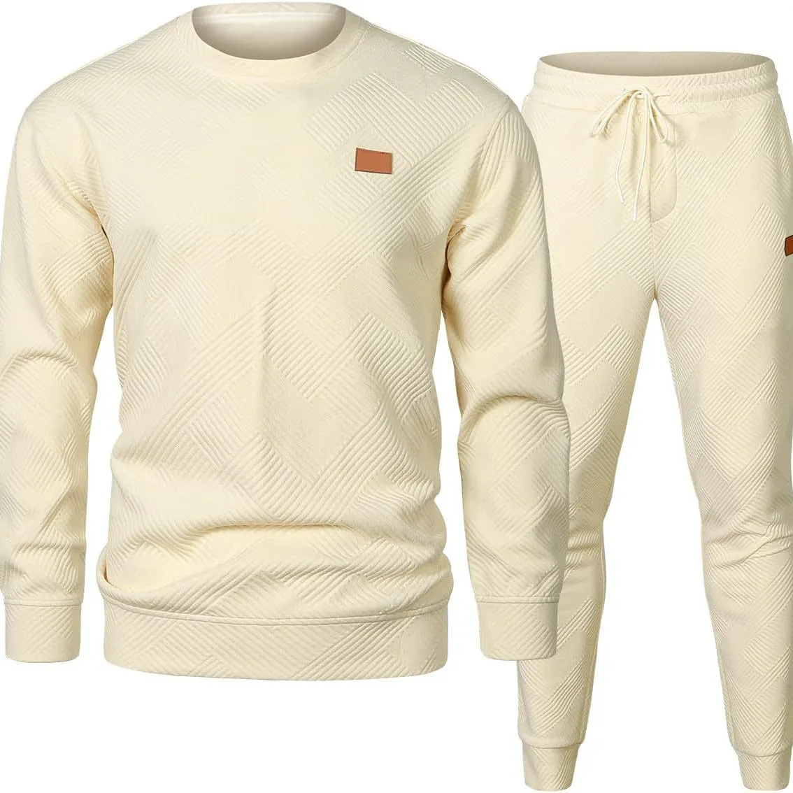 Men's round neck jacquard sweater set with long sleeve top and matching trousers in black