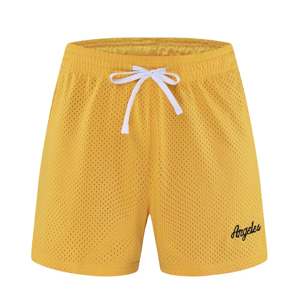 Men's black double-layer mesh sports shorts on a manikin, showing the textured design.