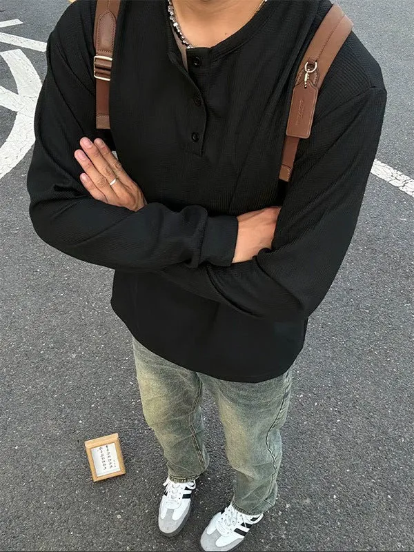 Men's loose pullover round neck long sleeve shirt jacket in black, chemical fibre blend, size M-XXXL