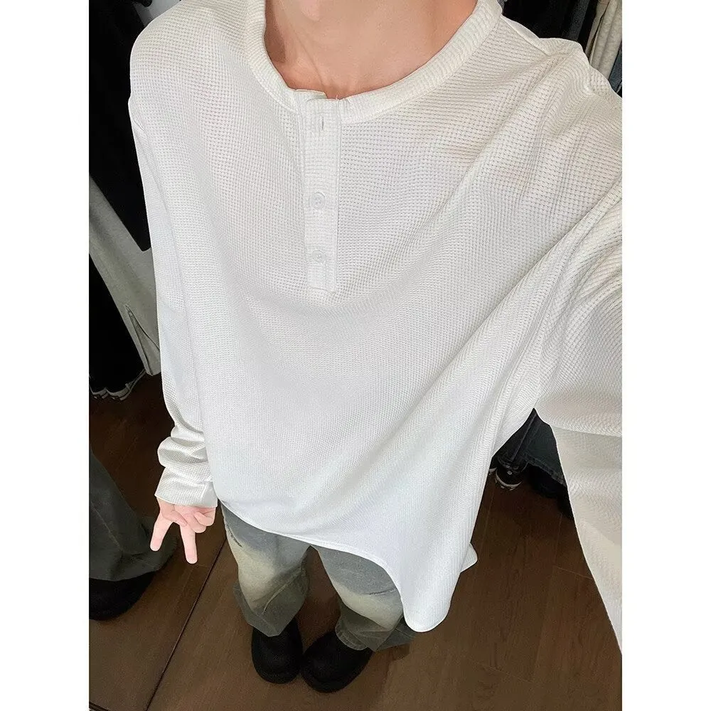 Men's loose pullover round neck long sleeve shirt jacket in black, chemical fibre blend, size M-XXXL