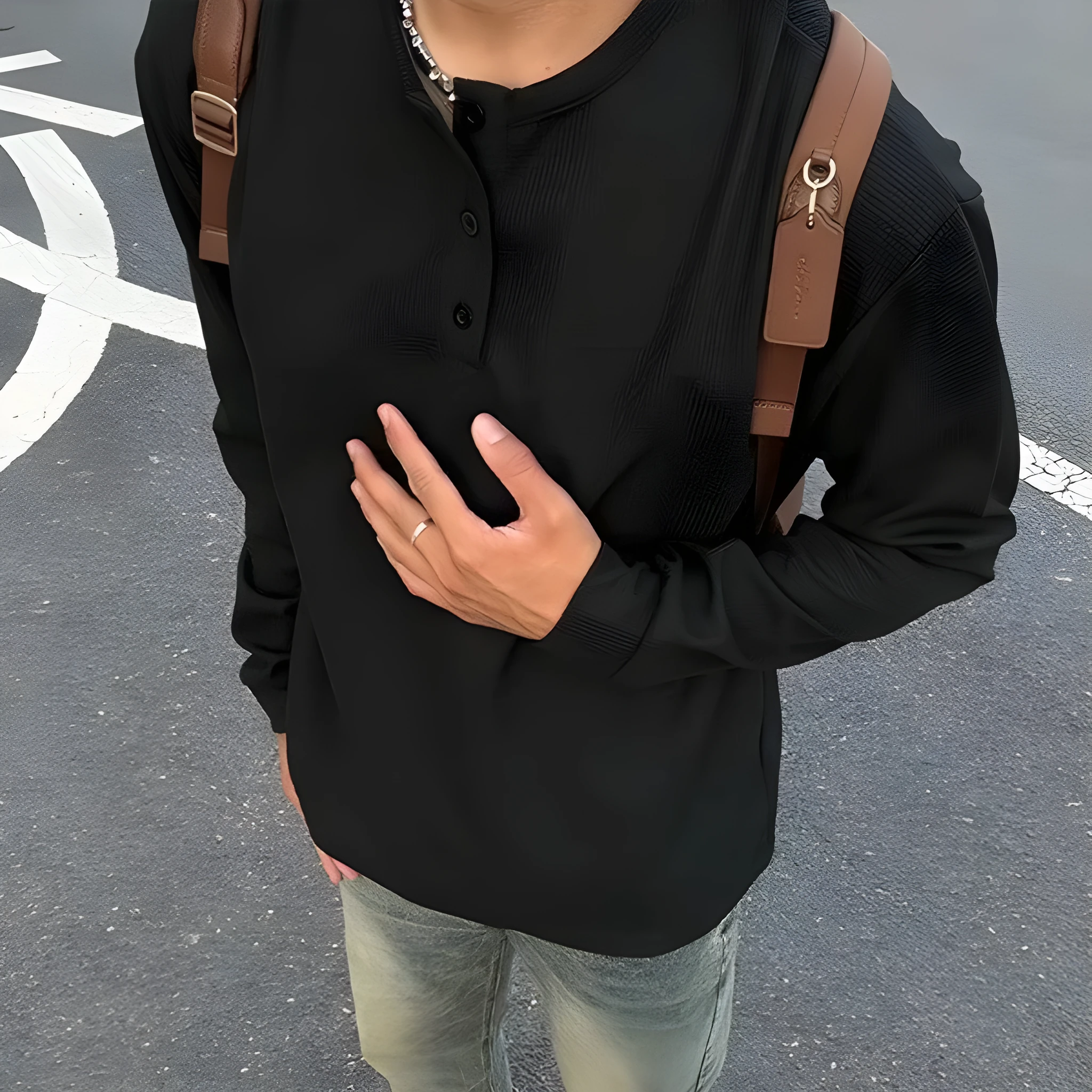 Men's loose pullover round neck long sleeve shirt jacket in black, chemical fibre blend, size M-XXXL