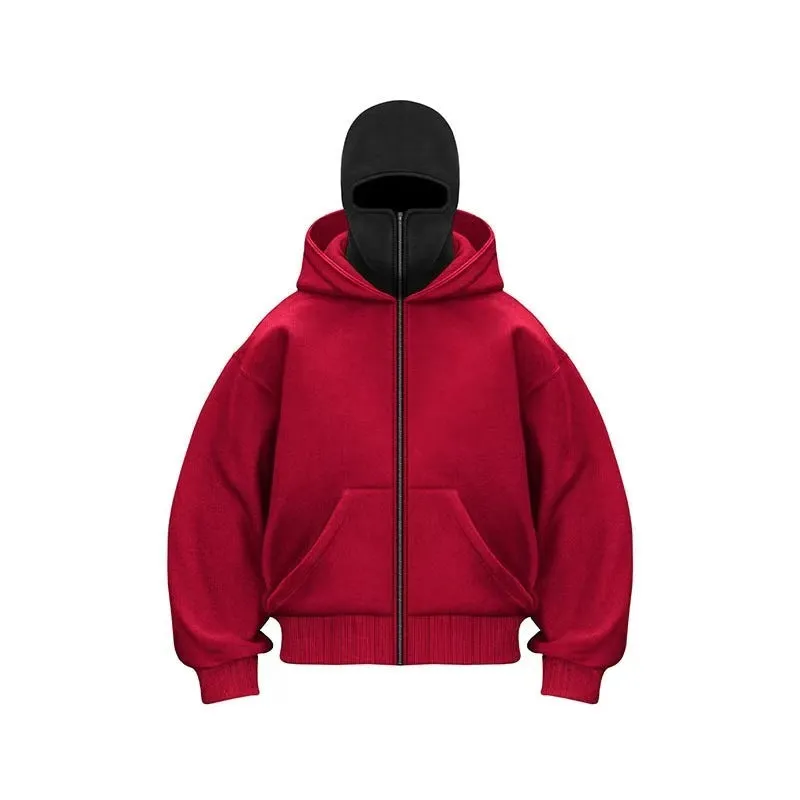 Women's loose fit solid colour polyester fleece zip top with faux fur trim on hood, front view