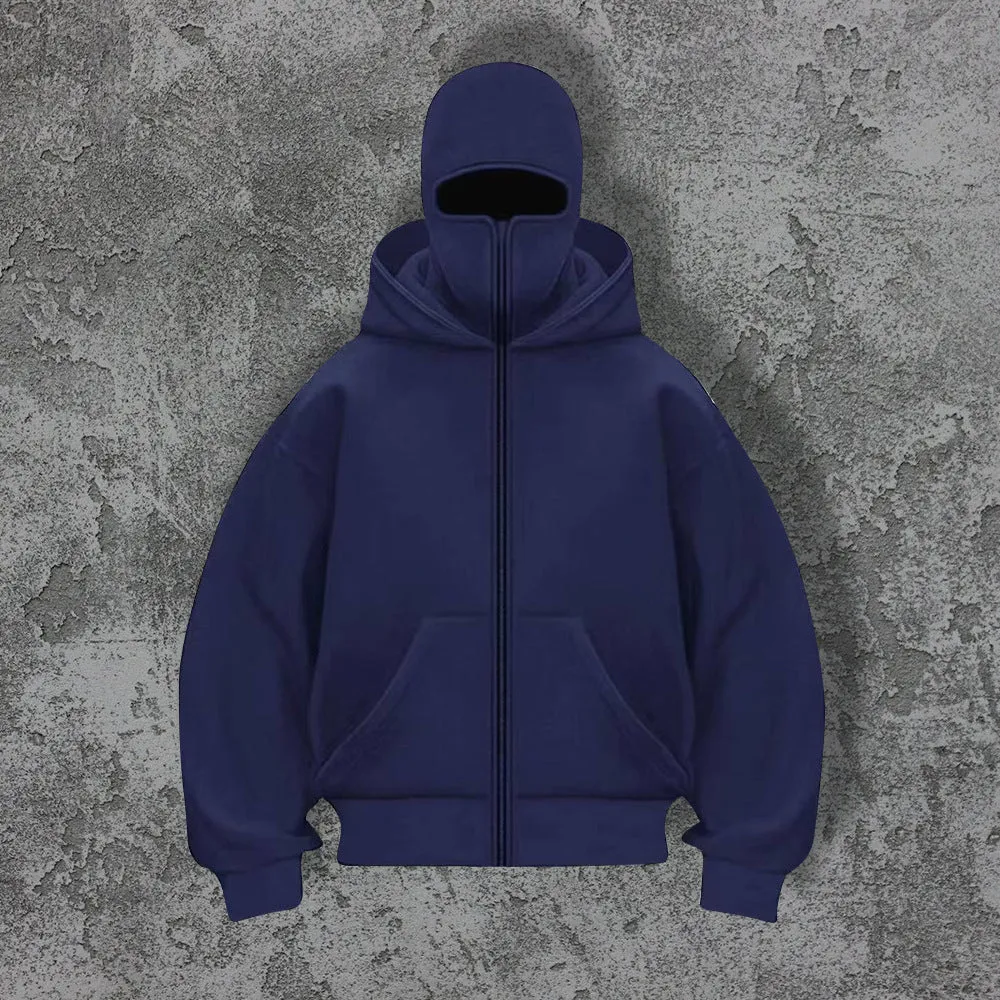 Women's loose fit solid colour polyester fleece zip top with faux fur trim on hood, front view
