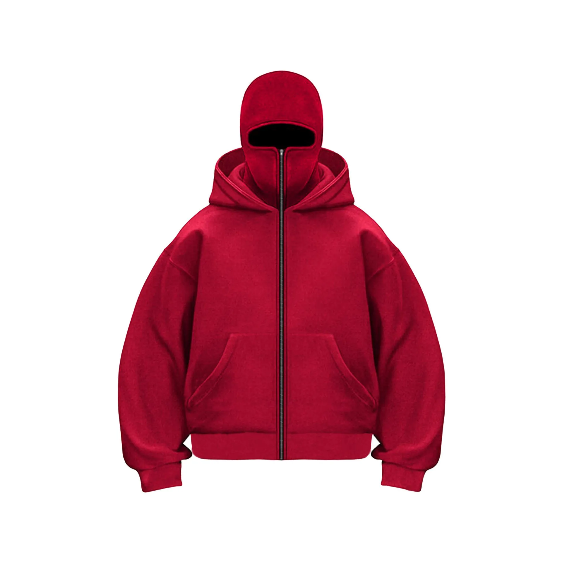 Women's loose fit solid colour polyester fleece zip top with faux fur trim on hood, front view