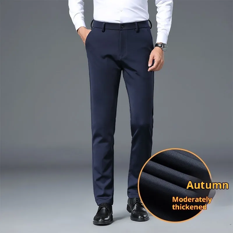 Men's slim fit stretch casual trousers in black polyester fiber with straight leg design and elastic waistband