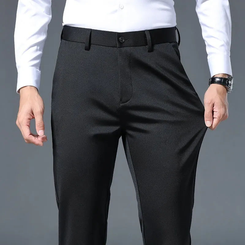 Men's slim fit stretch casual trousers in black polyester fiber with straight leg design and elastic waistband