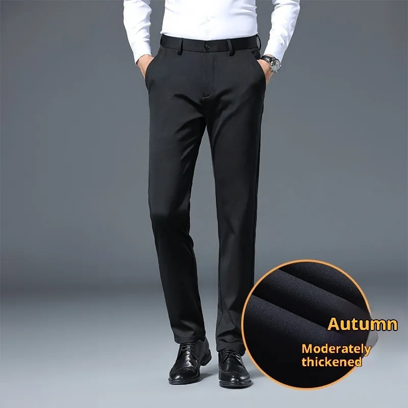Men's slim fit stretch casual trousers in black polyester fiber with straight leg design and elastic waistband