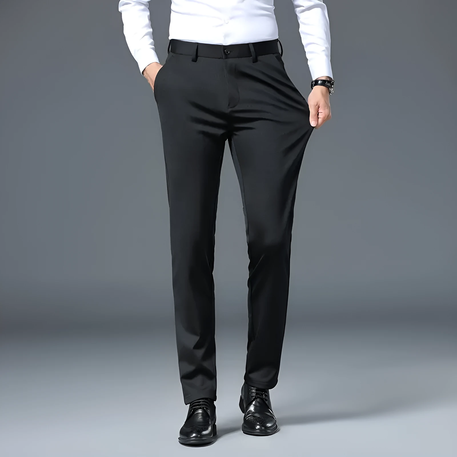 Men's slim fit stretch casual trousers in black polyester fiber with straight leg design and elastic waistband