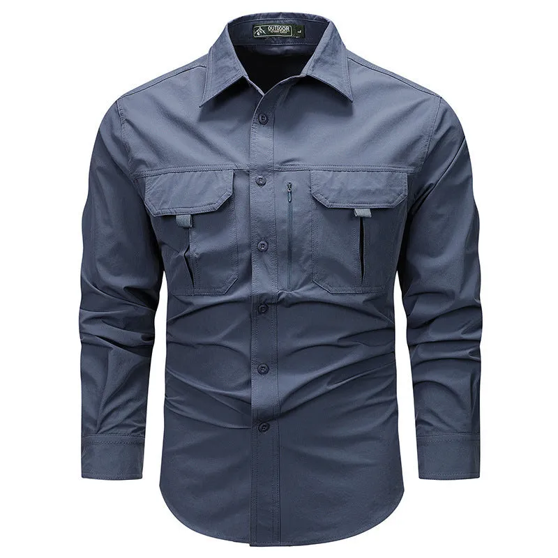 Men's long-sleeved solid colour casual shirt in khaki, regular fit, nylon-blend fabric