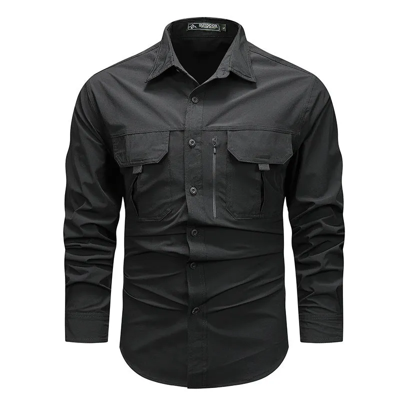 Men's long-sleeved solid colour casual shirt in khaki, regular fit, nylon-blend fabric