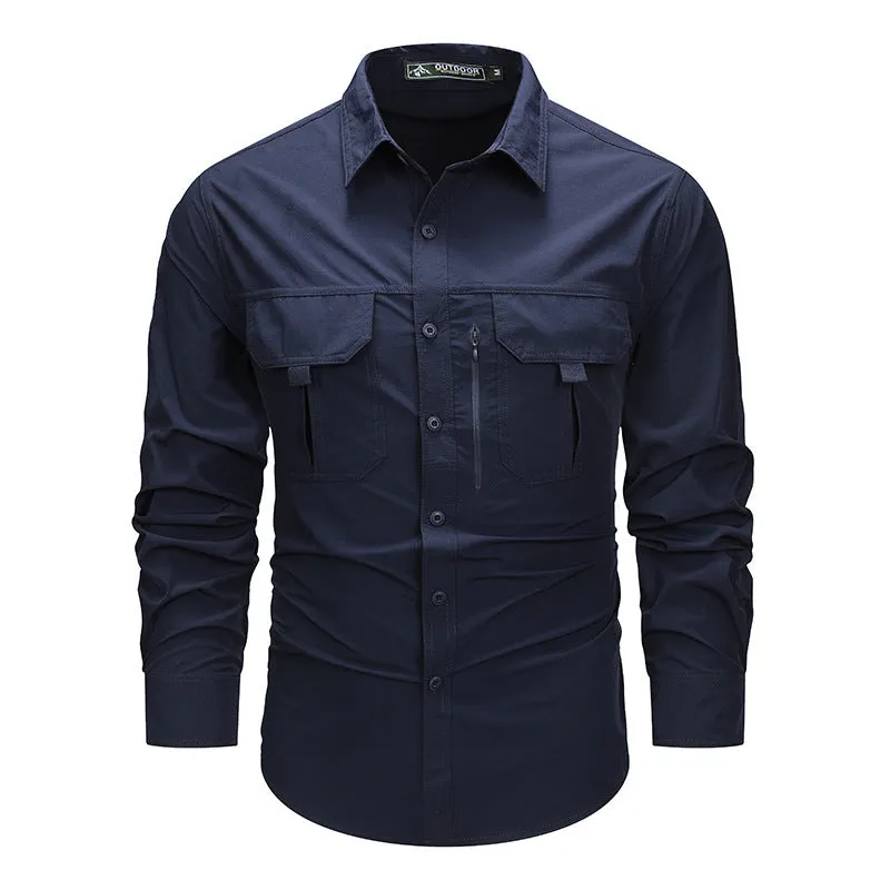 Men's long-sleeved solid colour casual shirt in khaki, regular fit, nylon-blend fabric