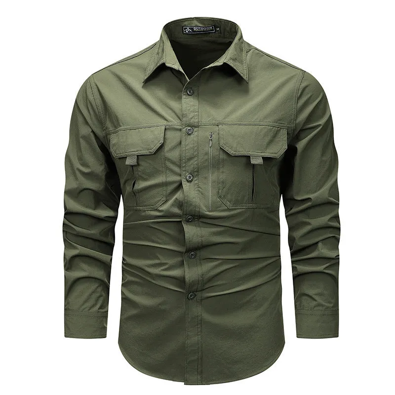 Men's long-sleeved solid colour casual shirt in khaki, regular fit, nylon-blend fabric